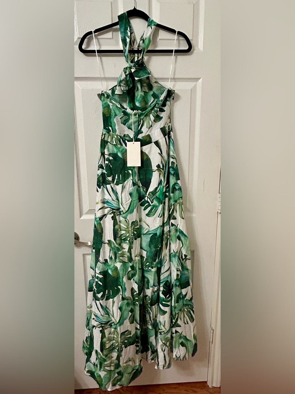 A. Peach Tropical Leaf Halter Wide Leg Jumpsuit with Pockets - Picture 7 of 11